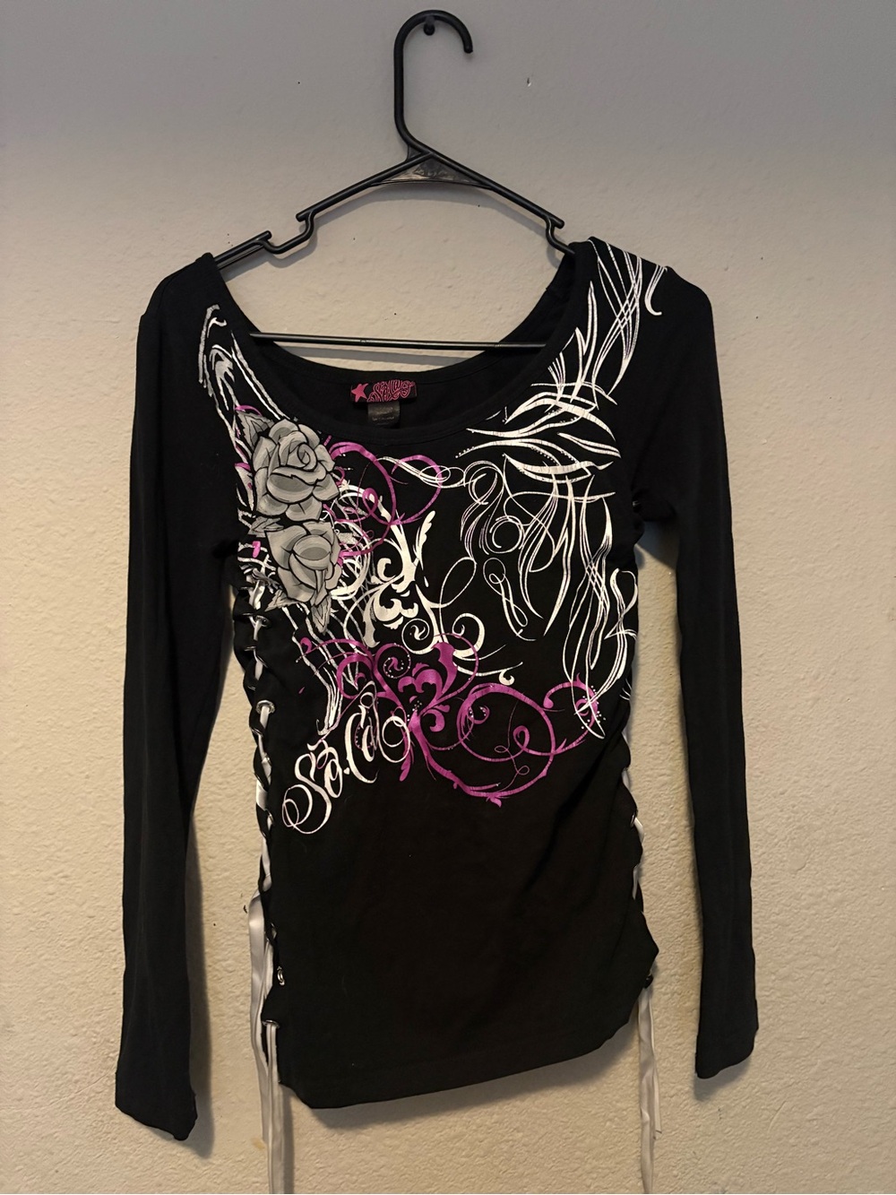 XOXO Black Long Sleeve Lace-Up Top with White & Pink Graphic
